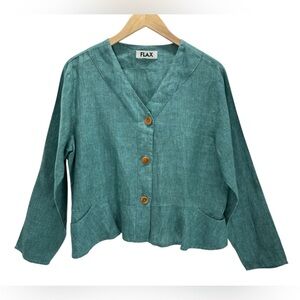 Flax Linen Look Button Front Boxy Top V-Neck Teal Green Artisanal Lagenlook